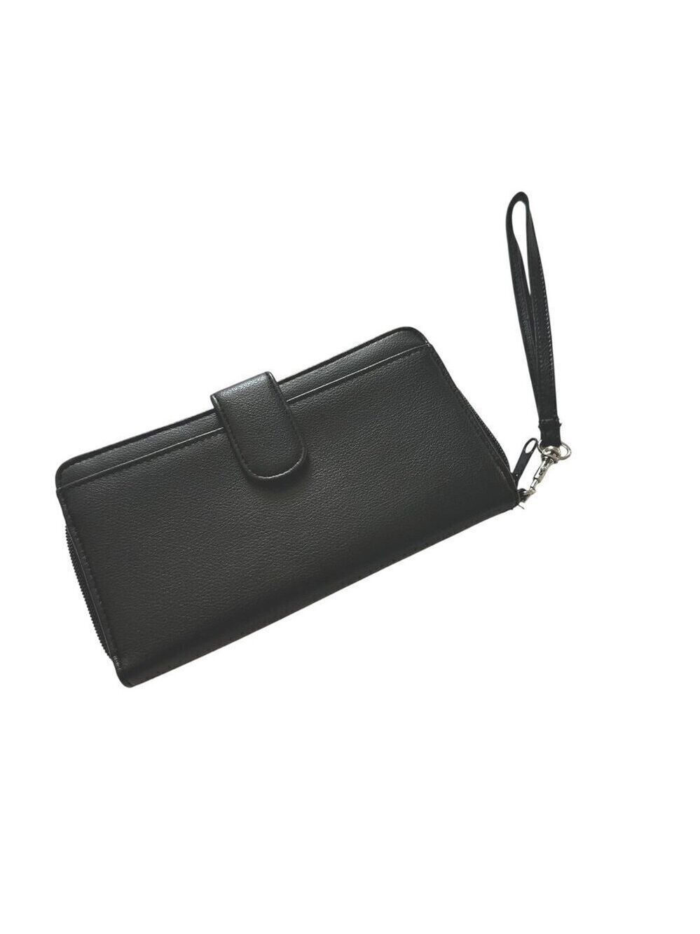 Black Faux Leather Wallet Women Wristlet Strap Multiple Card Slots Zipper Snap